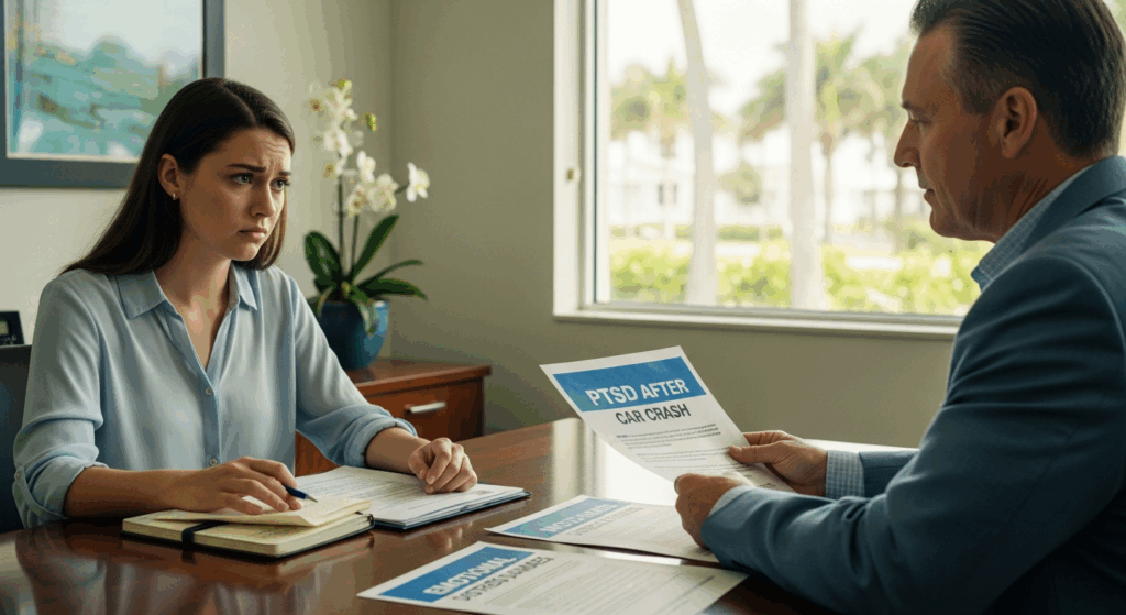 Car accident PTSD claim documentation meeting in Jupiter Florida with injury lawyer reviewing emotional distress records.
