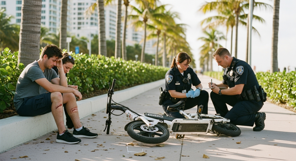 Fort Lauderdale e-bike and scooter crash with injured rider and police documenting scene.