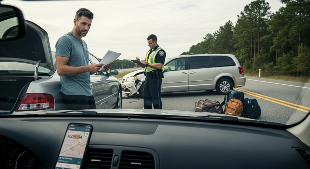 Florida PIP on road trips shown after out-of-state car accident with driver reviewing coverage.