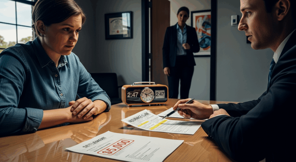 Insurance company tricks after an accident shown as Florida adjuster reviews claim paperwork.